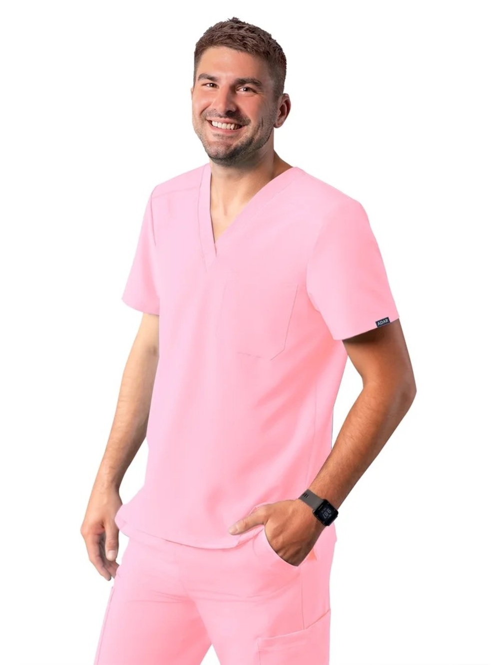 Adar Men’s Addition Classic V Neck Scrub Top in Soft Pink NWT Large
